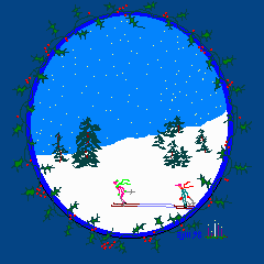 animated skiers with Christmas frame ©ejm98 animated gif(31.6kb)